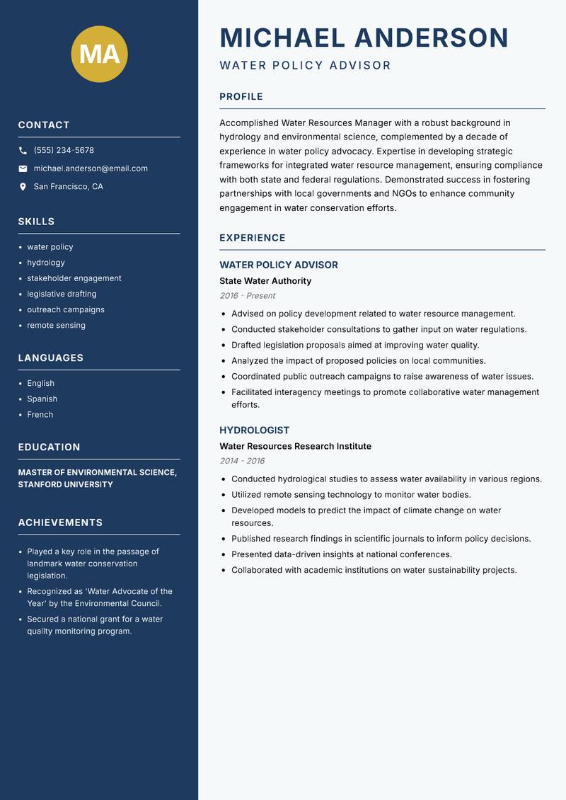 Water Resources Manager resume template — Classic Clean