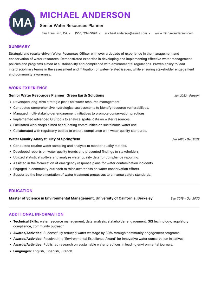 Water Resources Officer resume example — ATS-friendly template