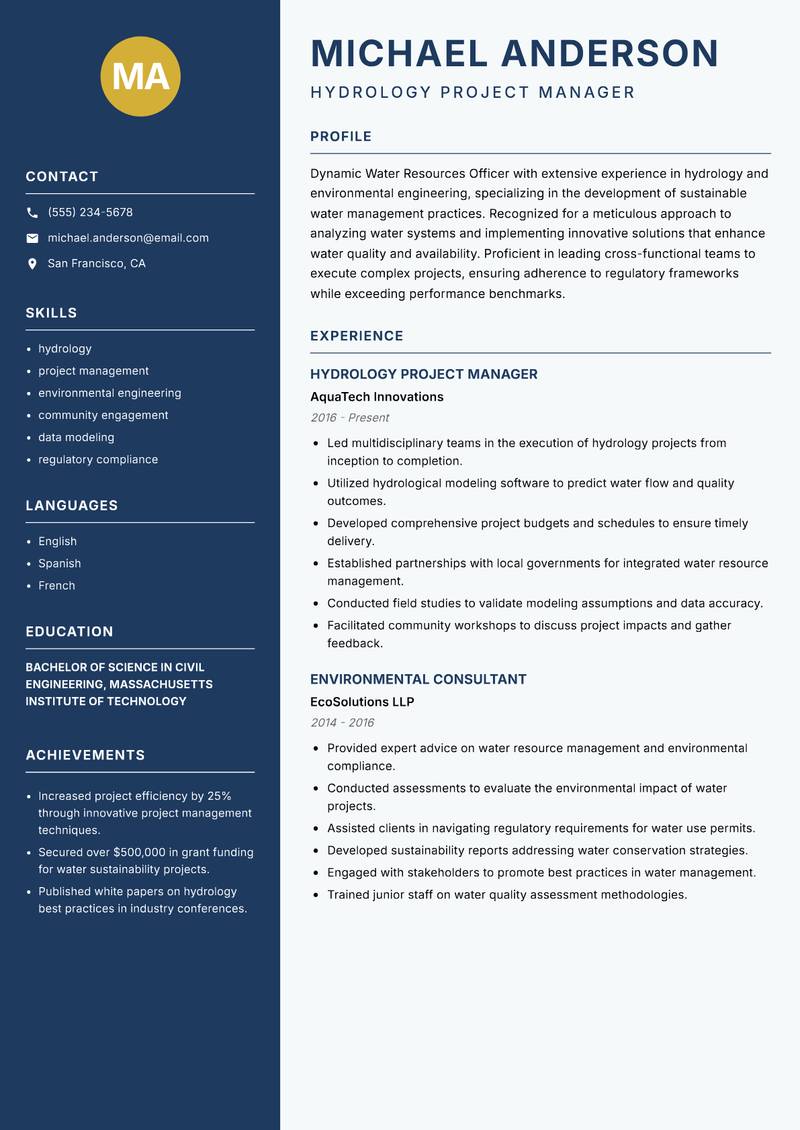 Water Resources Officer resume template — Classic Clean