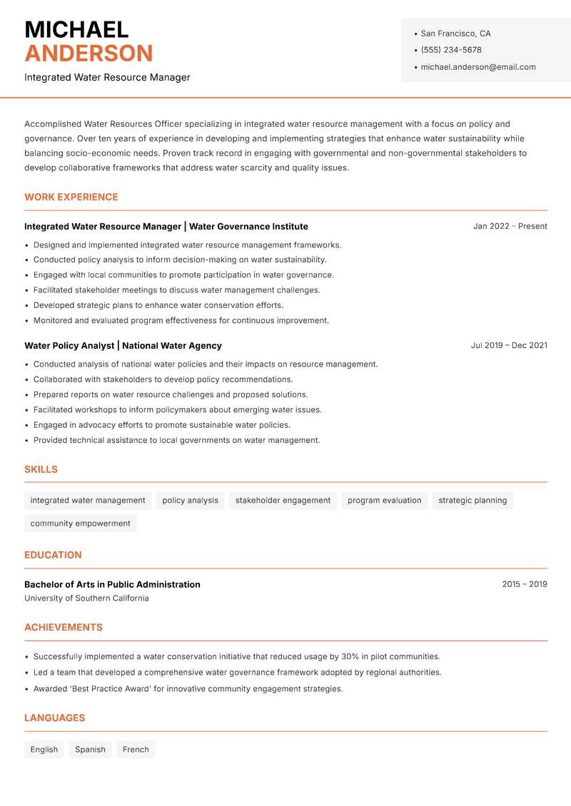 Water Resources Officer resume template — Modern Professional