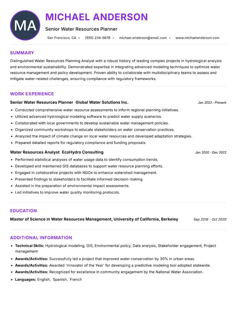 Water Resources Planning Analyst resume example — ATS-friendly template