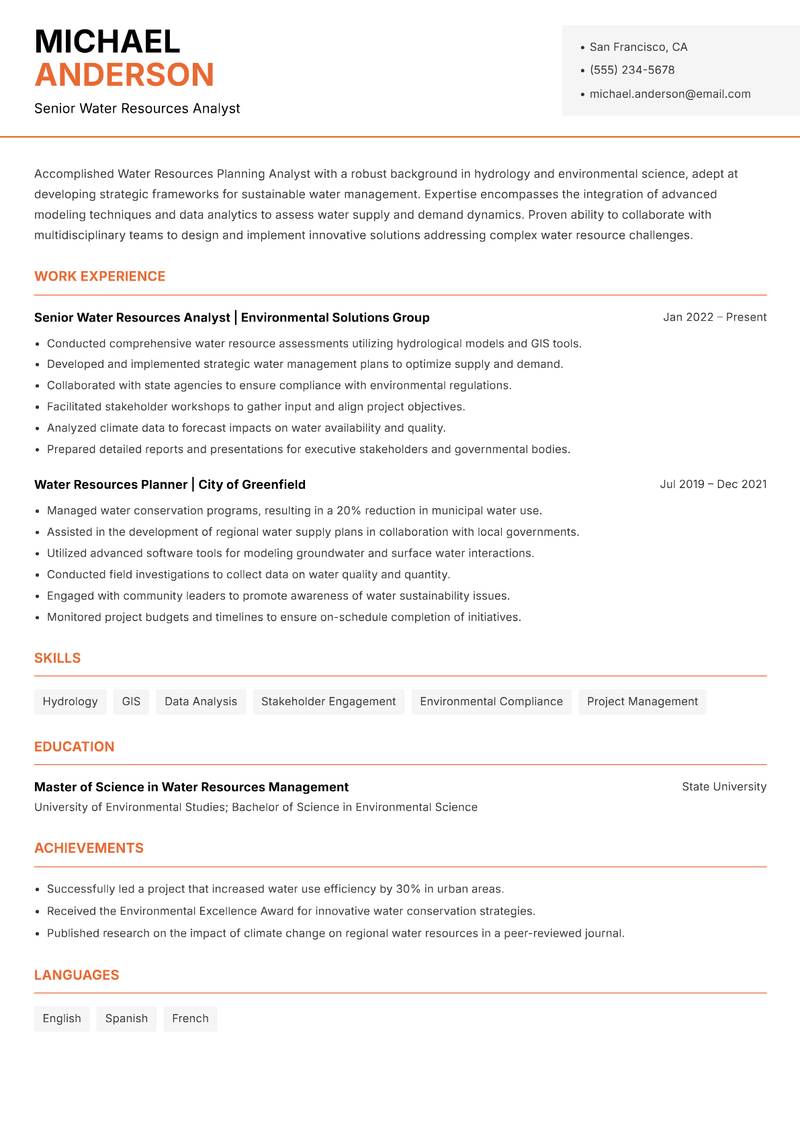 Water Resources Planning Analyst resume template — Modern Professional