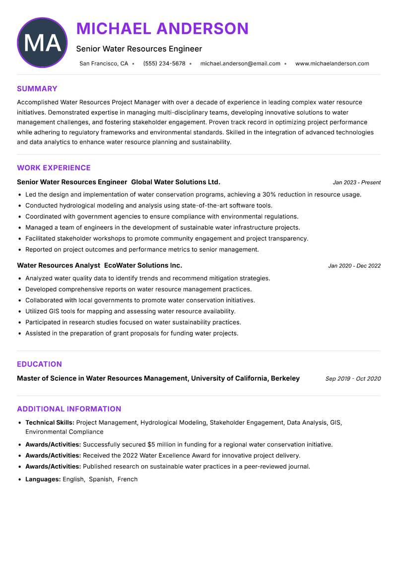 Water Resources Project Manager resume example — ATS-friendly template