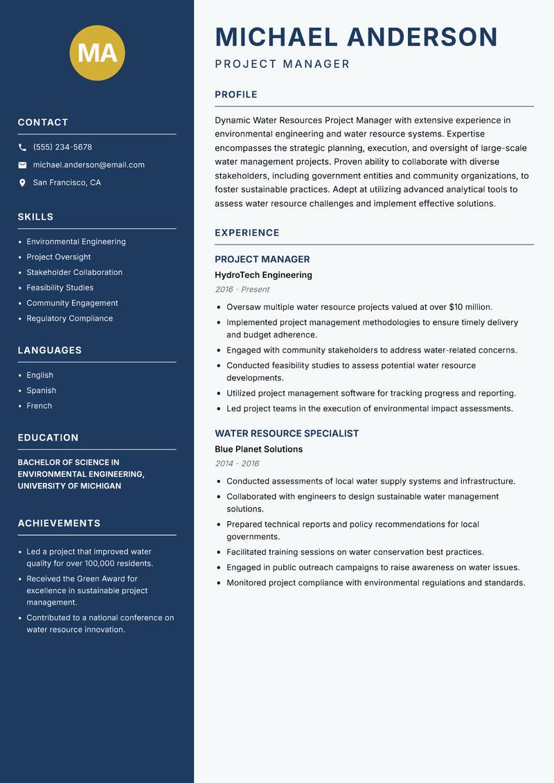 Water Resources Project Manager resume template — Classic Clean