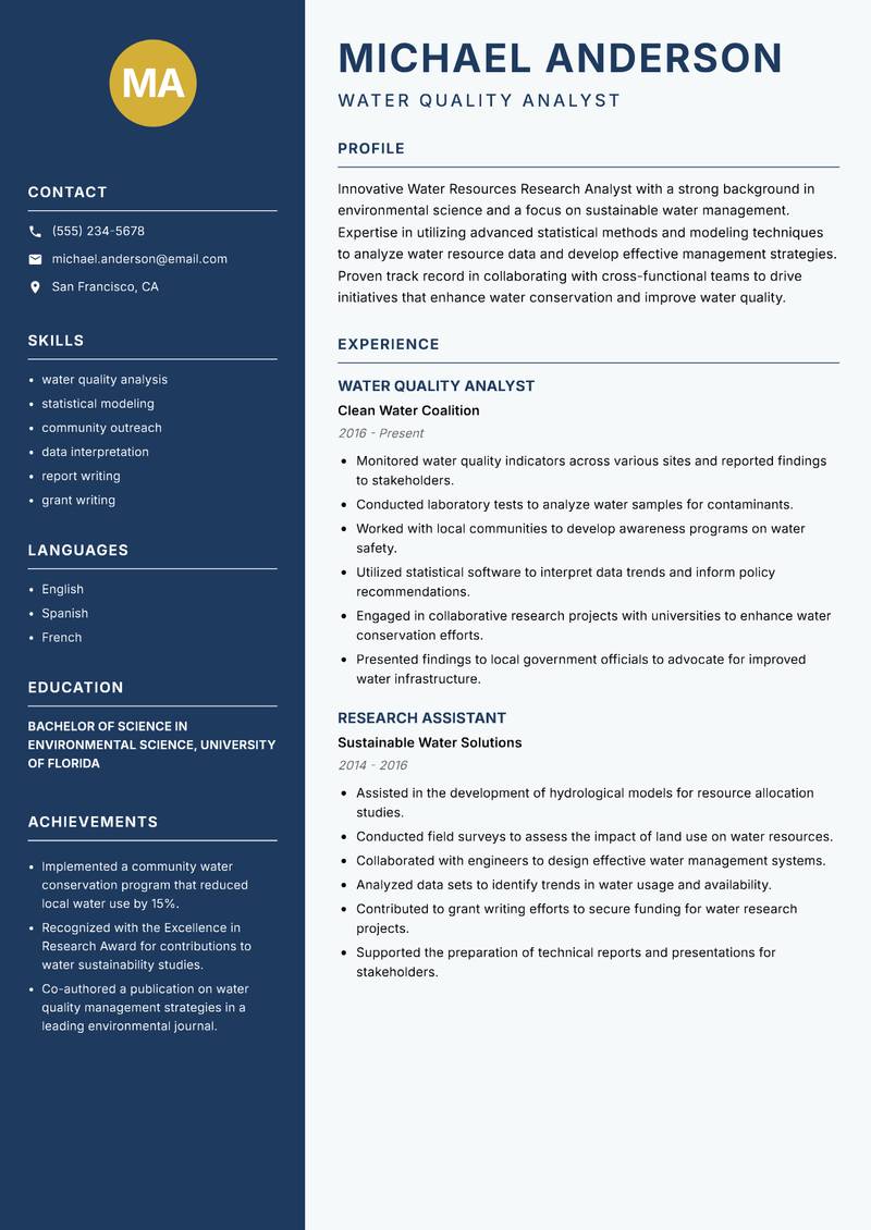 Water Resources Research Analyst resume template — Classic Clean