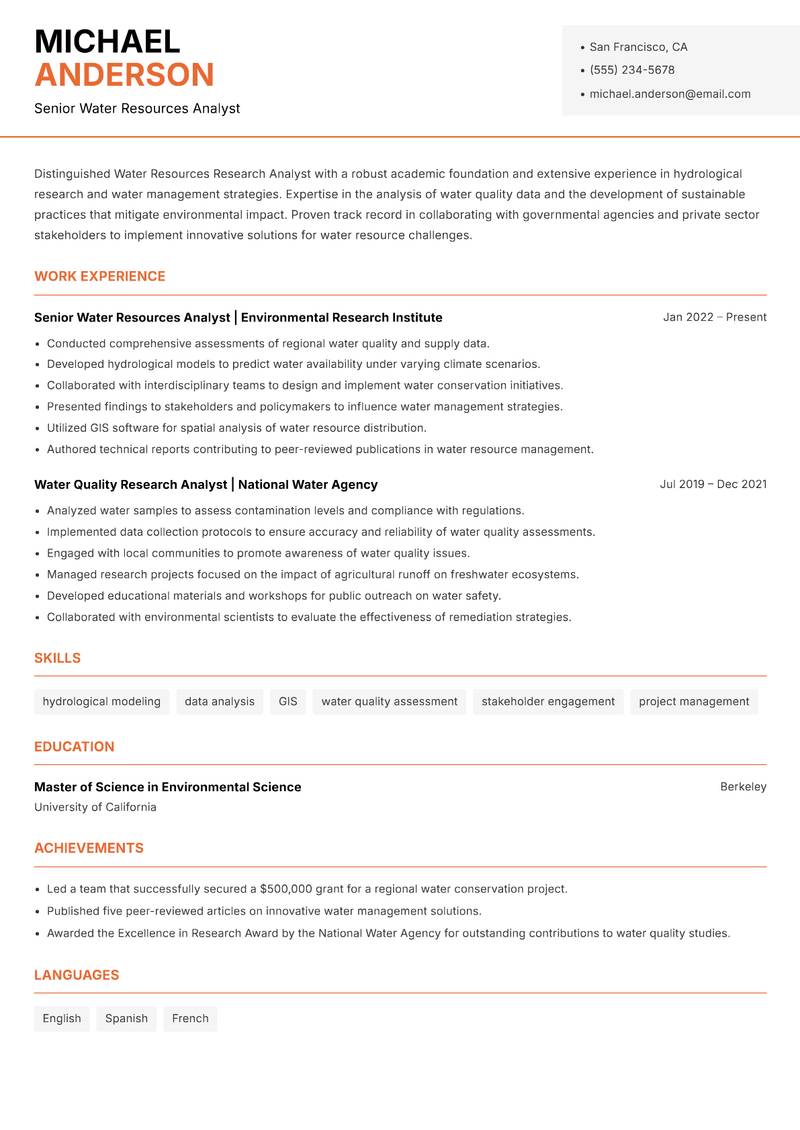 Water Resources Research Analyst resume template — Modern Professional