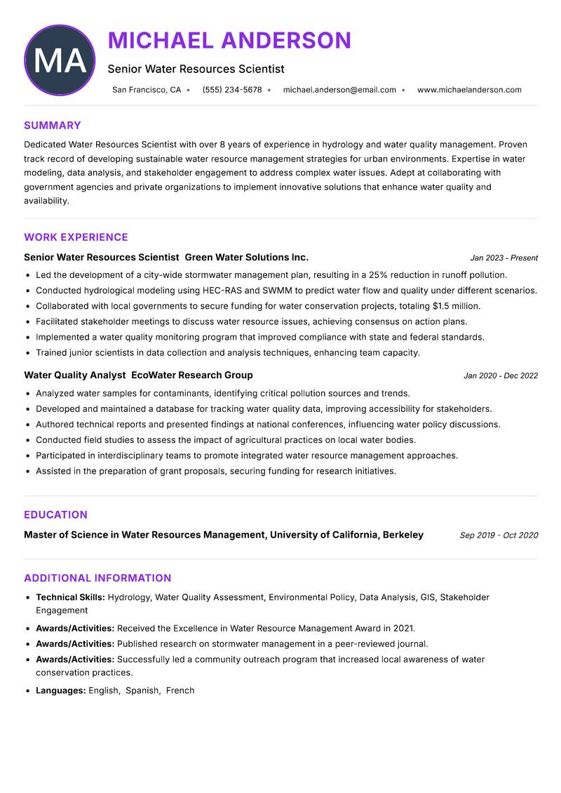 Water Resources Scientist resume example — ATS-friendly template