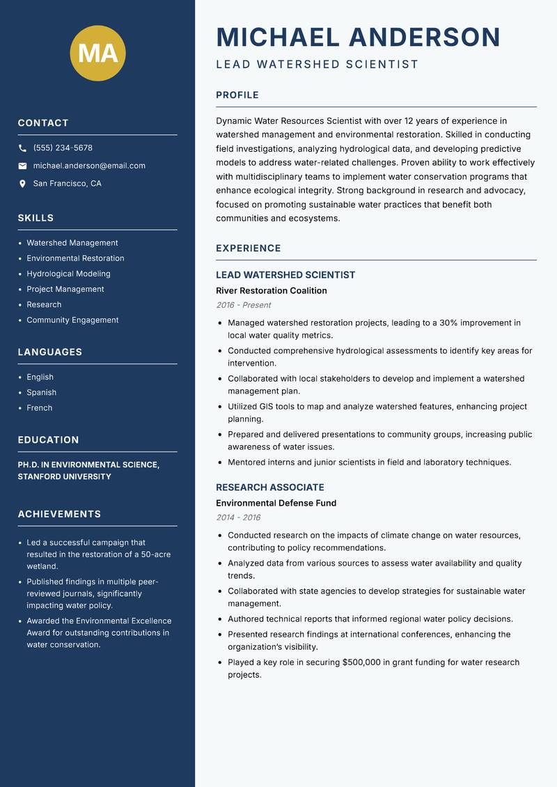 Water Resources Scientist resume template — Classic Clean