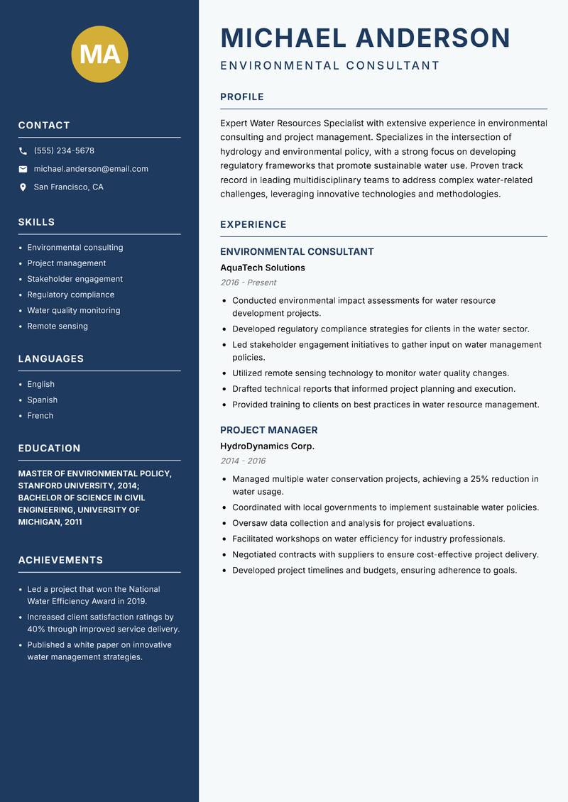 Water Resources Specialist resume template — Classic Clean