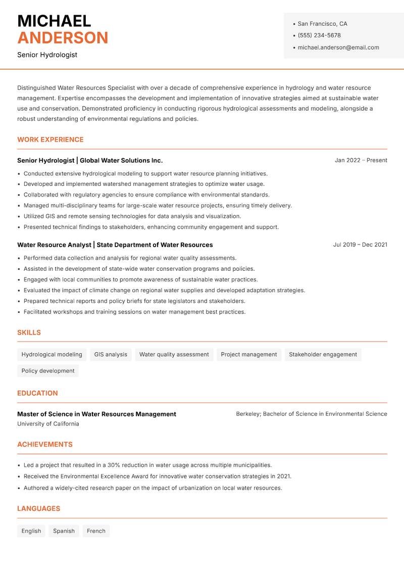Water Resources Specialist resume template — Modern Professional