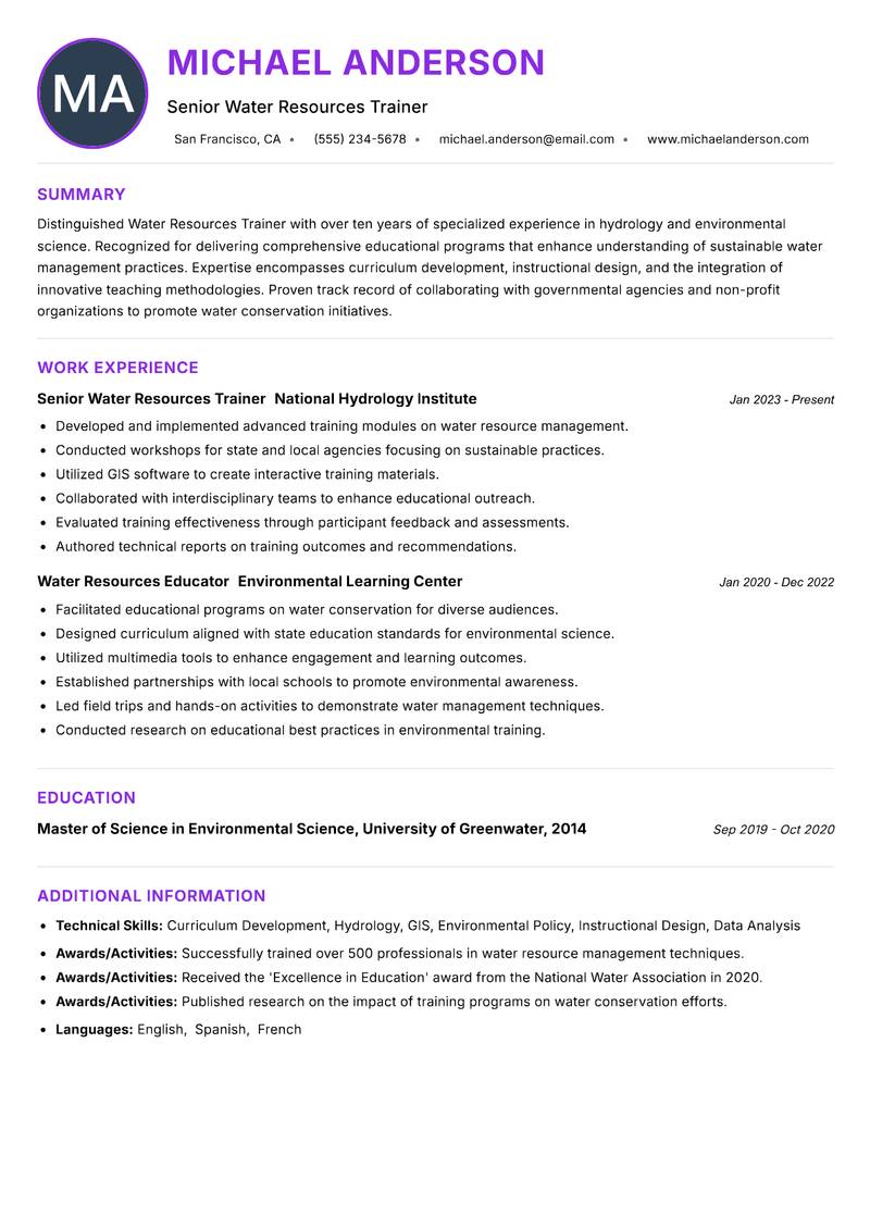 Water Resources Trainer resume example — ATS-friendly template