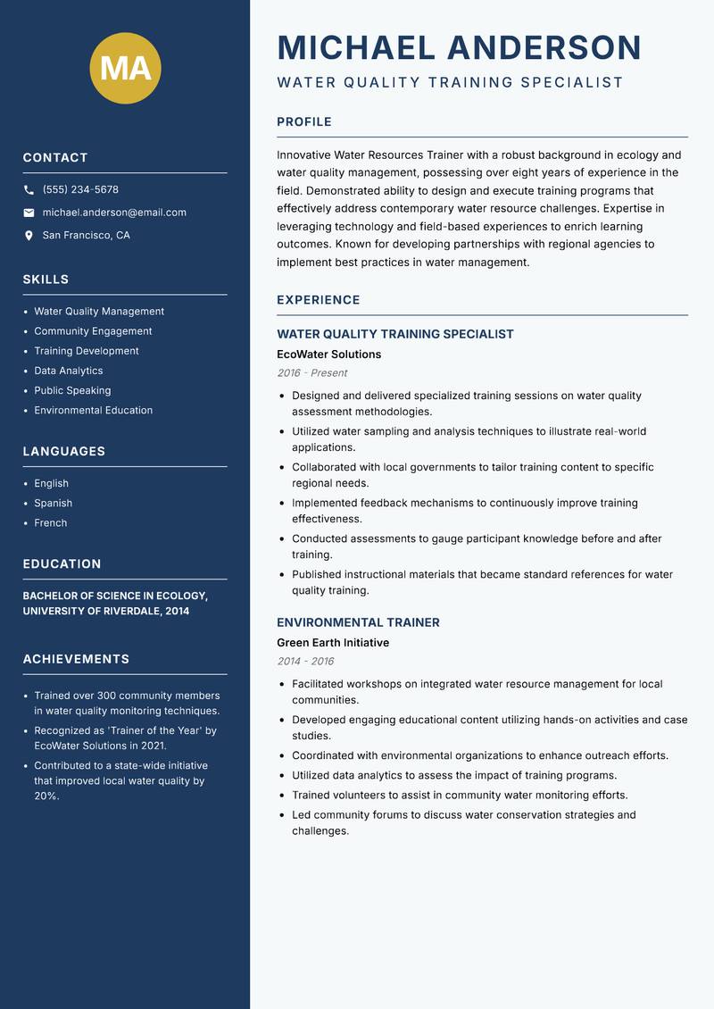 Water Resources Trainer resume template — Classic Clean