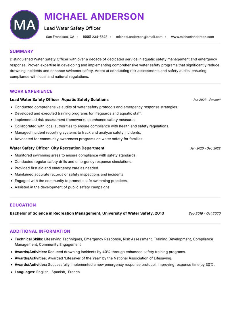 Water Safety Officer resume example — ATS-friendly template