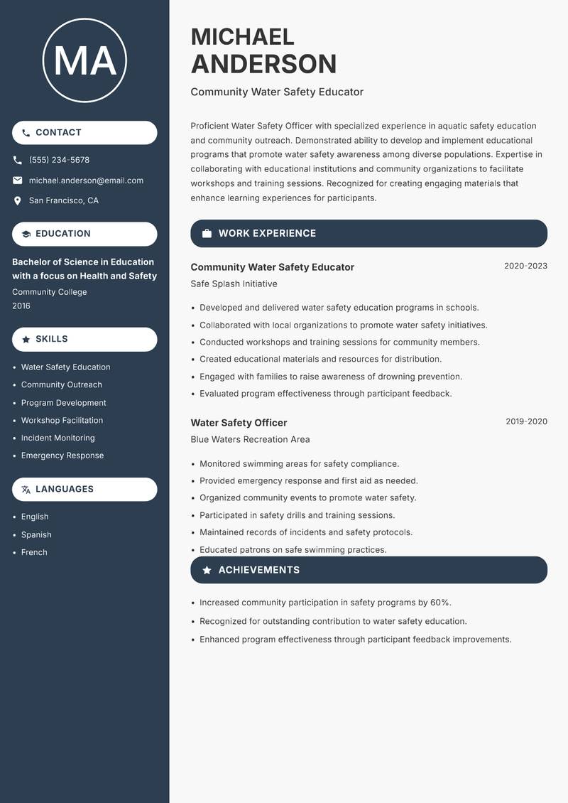 Water Safety Officer resume template — Compact
