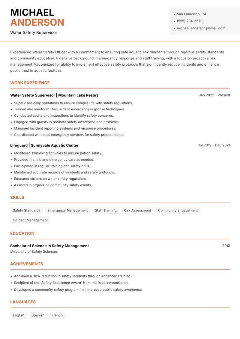 Water Safety Officer resume template — Modern Professional