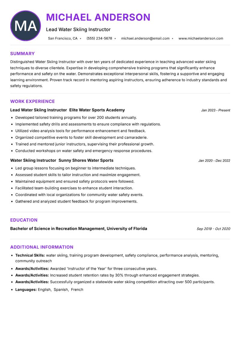 Water Skiing Instructor resume example — ATS-friendly template