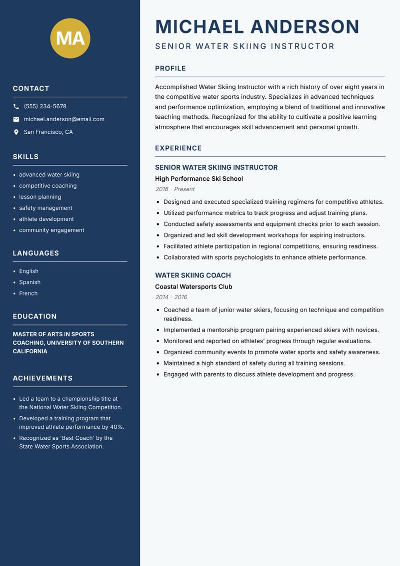 Water Skiing Instructor resume template — Classic Clean
