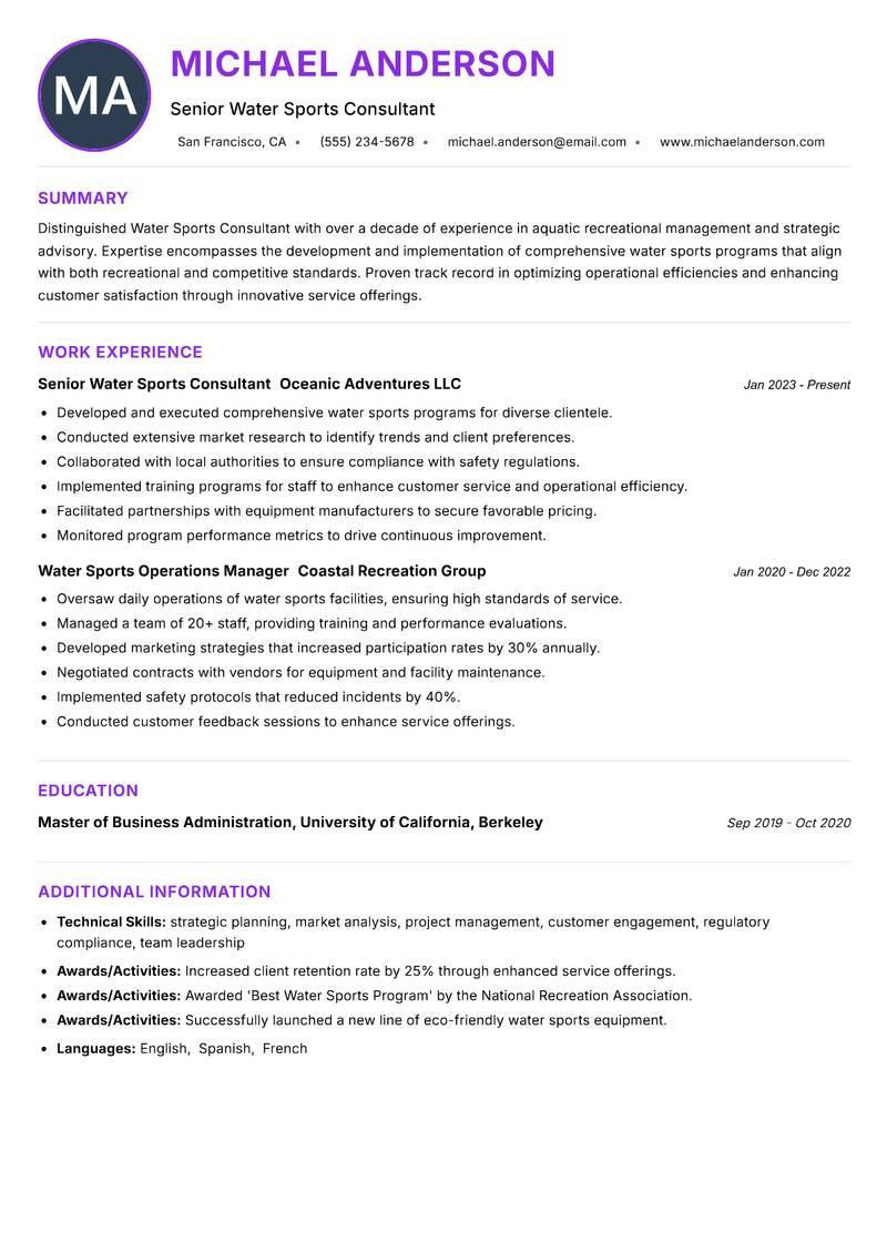 Water Sports Consultant resume example — ATS-friendly template