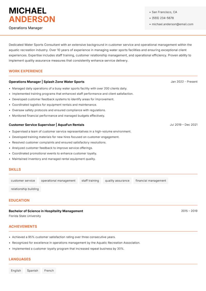 Water Sports Consultant resume template — Modern Professional