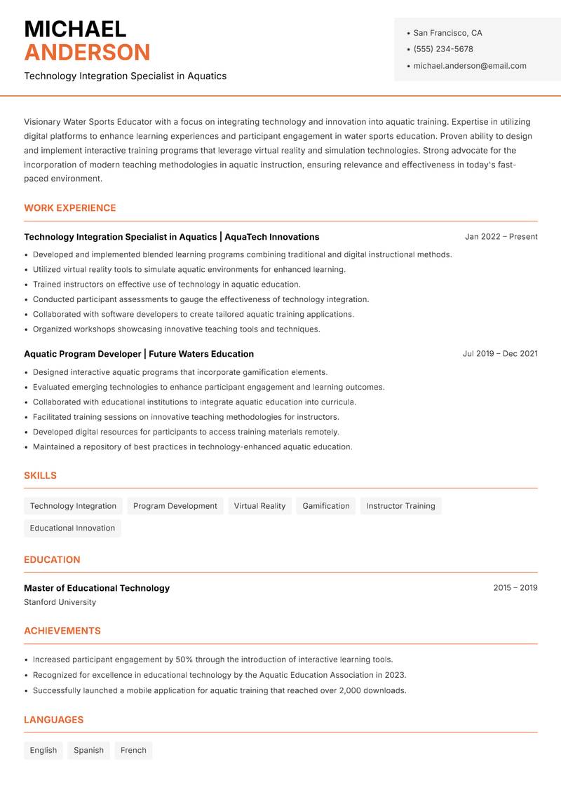 Water Sports Educator resume template — Modern Professional