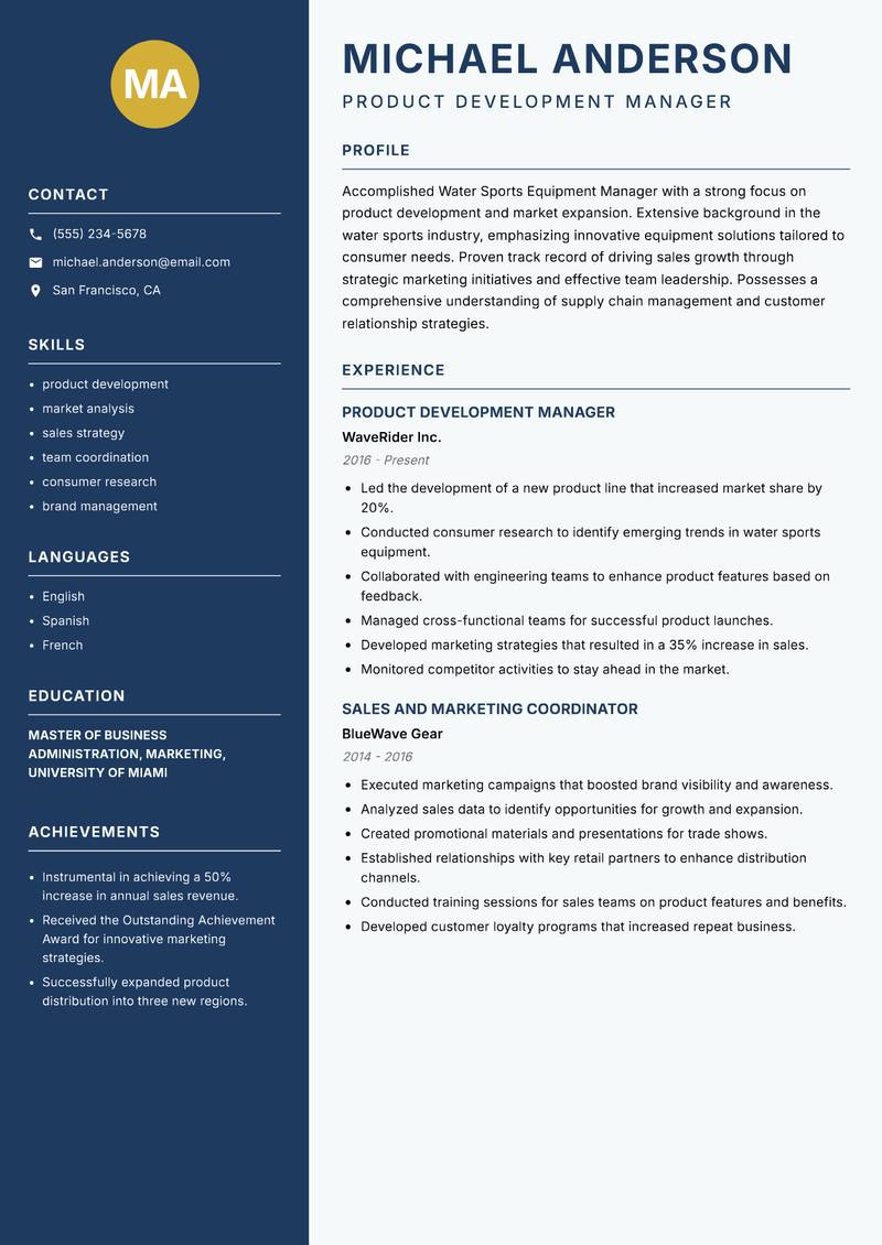 Water Sports Equipment Manager resume template — Classic Clean