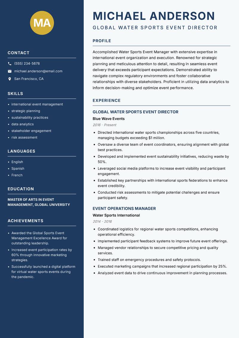 Water Sports Event Manager resume template — Classic Clean
