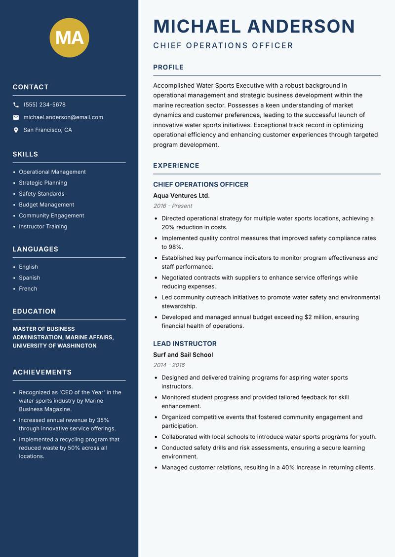 Water Sports Executive resume template — Classic Clean