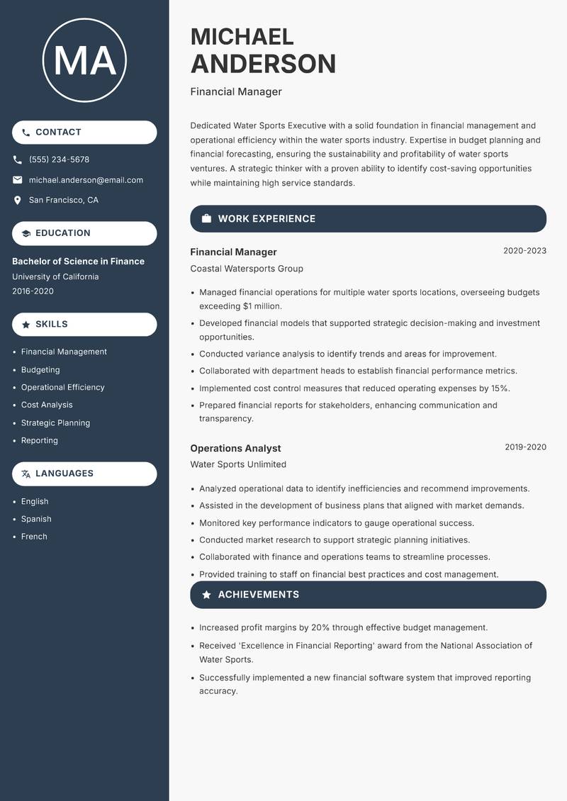 Water Sports Executive resume template — Compact