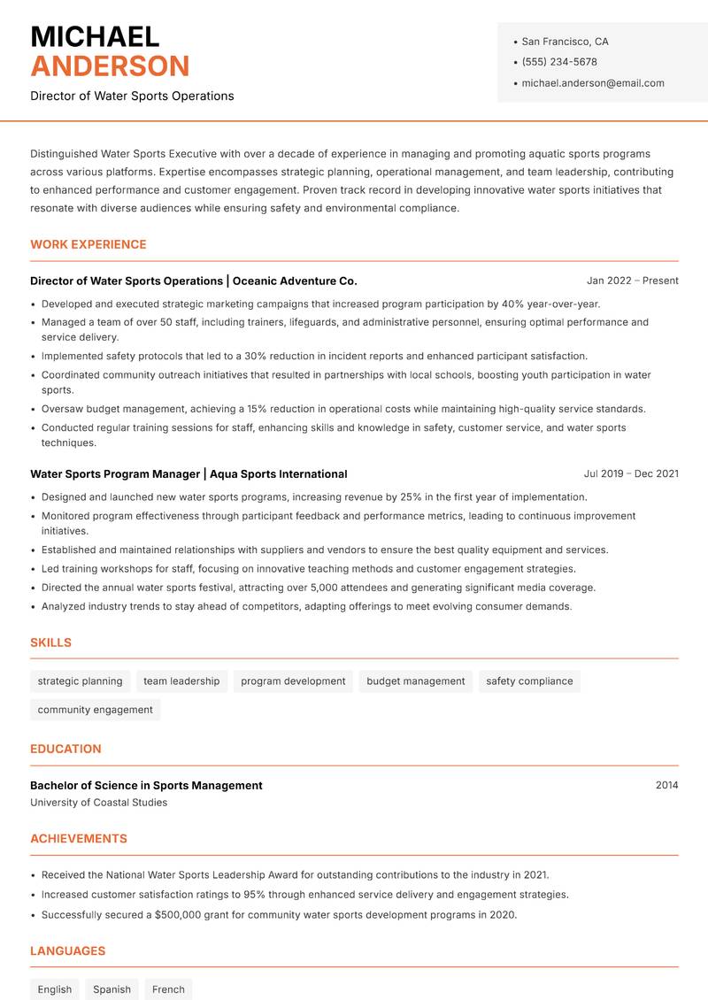 Water Sports Executive resume template — Modern Professional