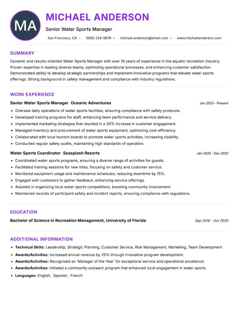 Water Sports Manager resume example — ATS-friendly template