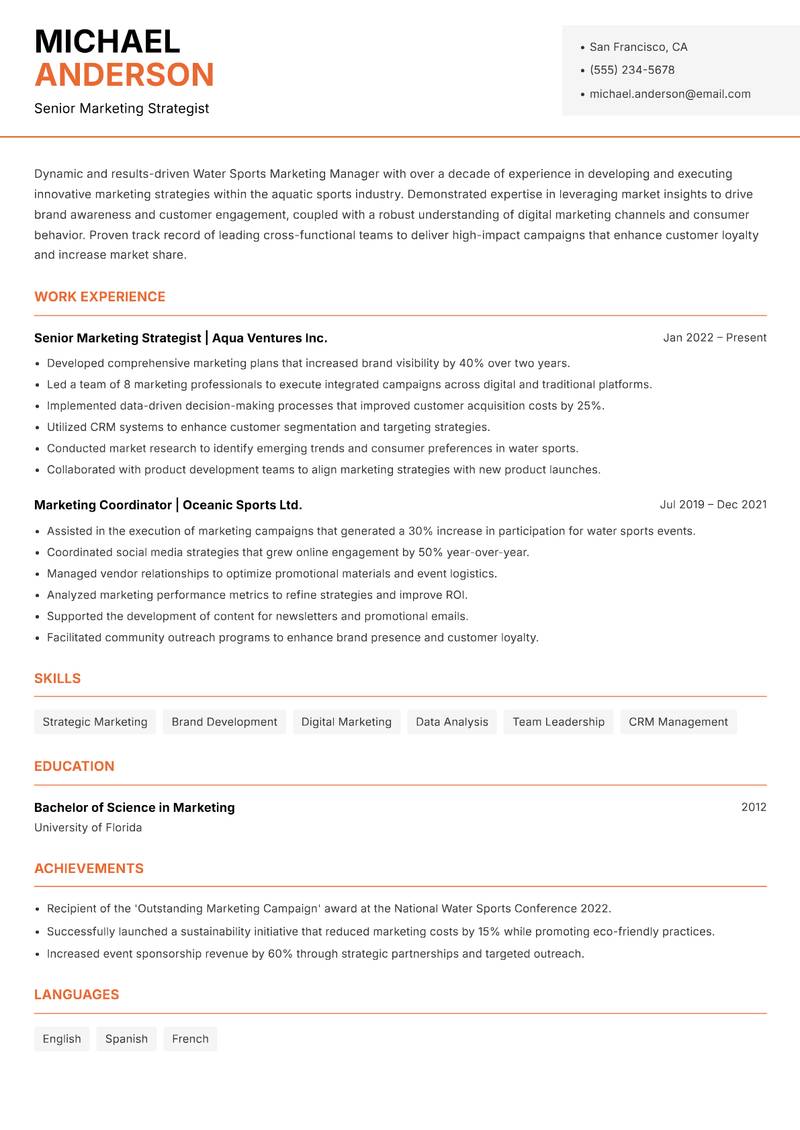 Water Sports Marketing Manager resume template — Modern Professional
