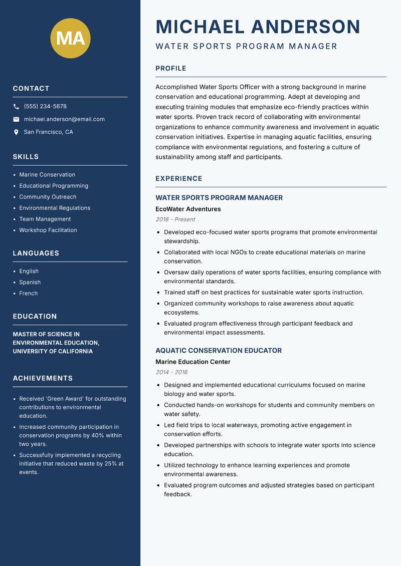 Water Sports Officer resume template — Classic Clean