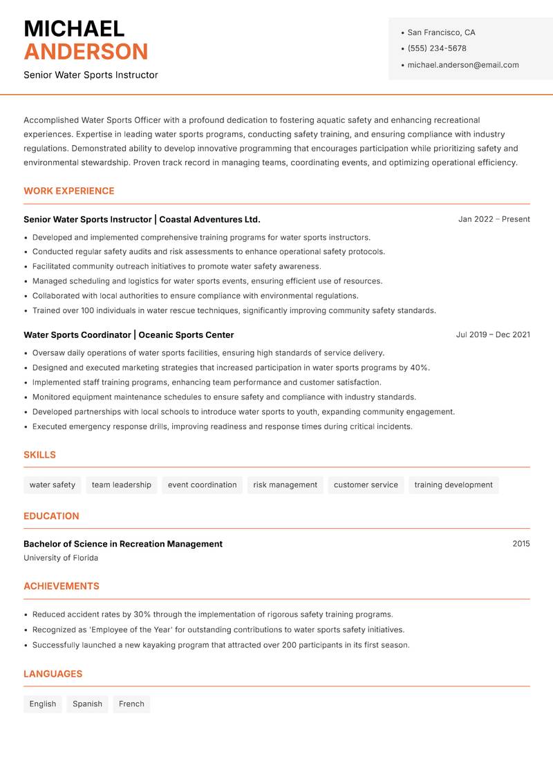 Water Sports Officer resume template — Modern Professional