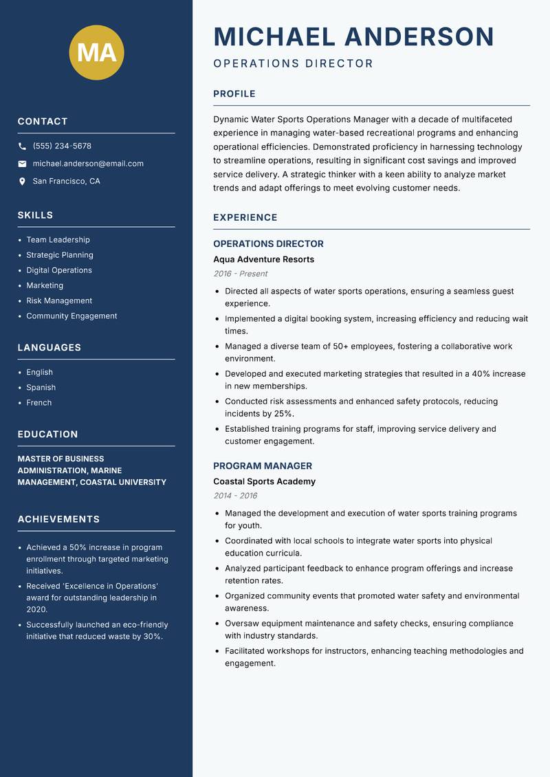 Water Sports Operations Manager resume template — Classic Clean