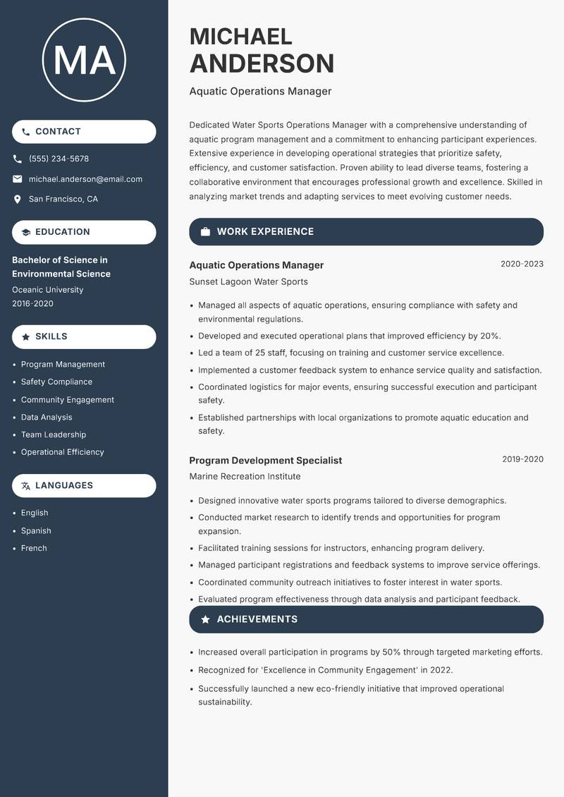 Water Sports Operations Manager resume template — Compact