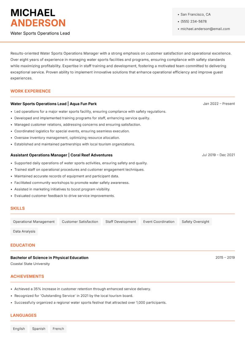 Water Sports Operations Manager resume template — Modern Professional