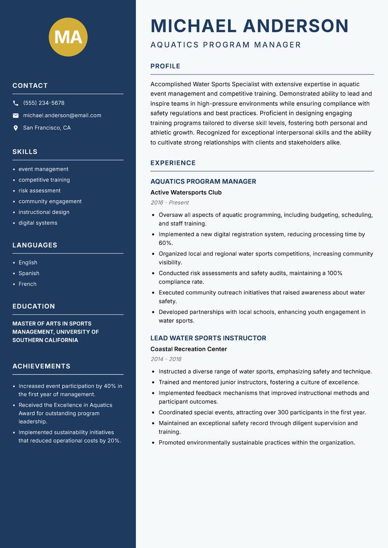 Water Sports Specialist resume template — Classic Clean