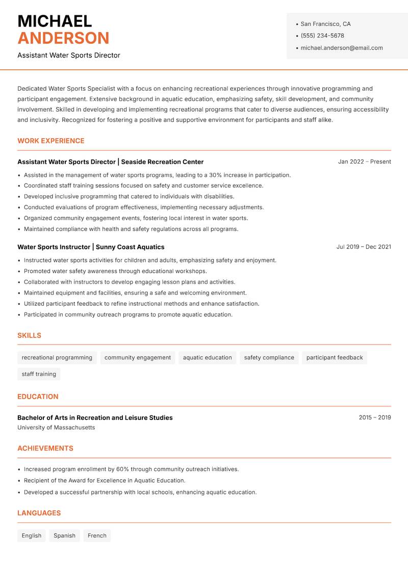 Water Sports Specialist resume template — Modern Professional