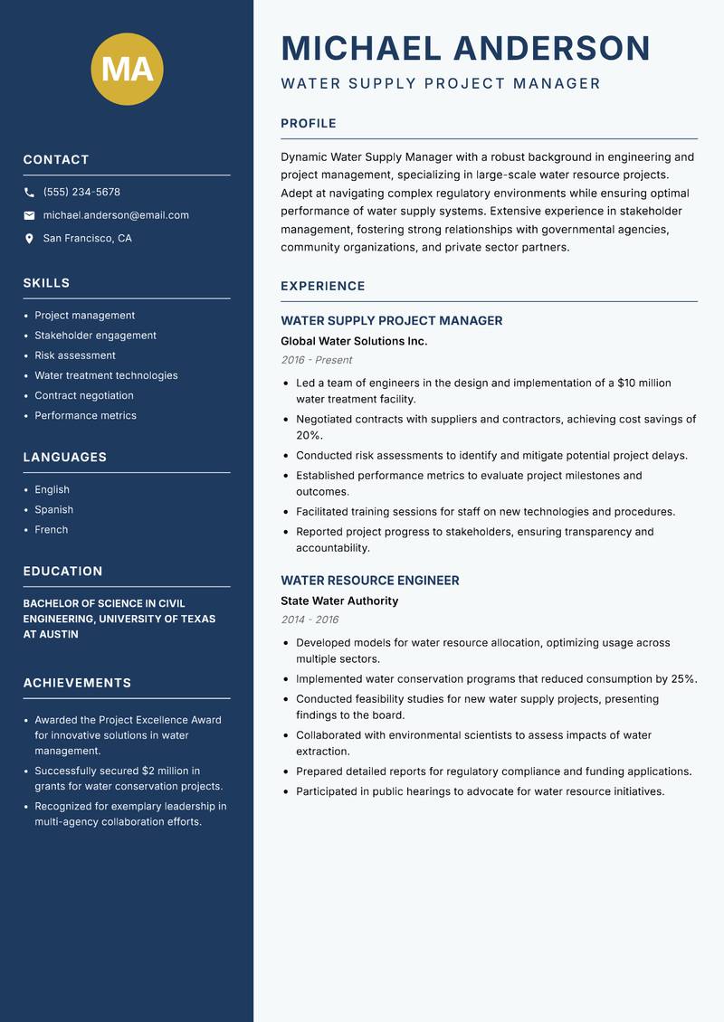 Water Supply Manager resume template — Classic Clean