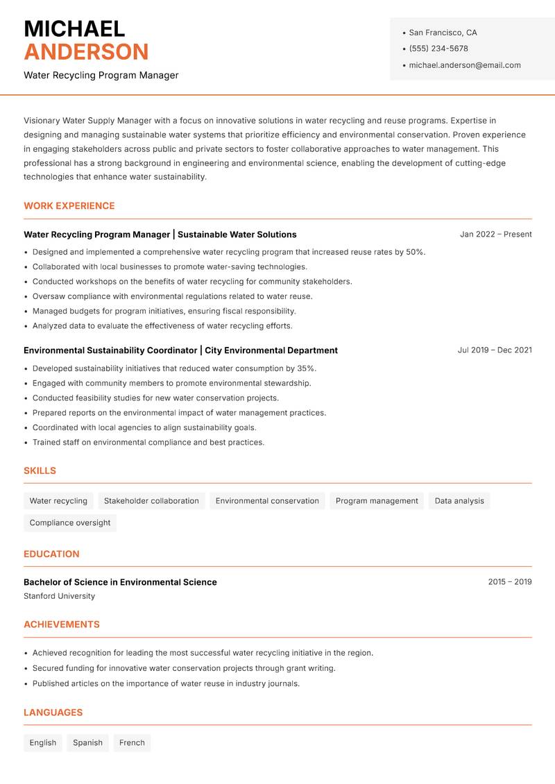 Water Supply Manager resume template — Modern Professional