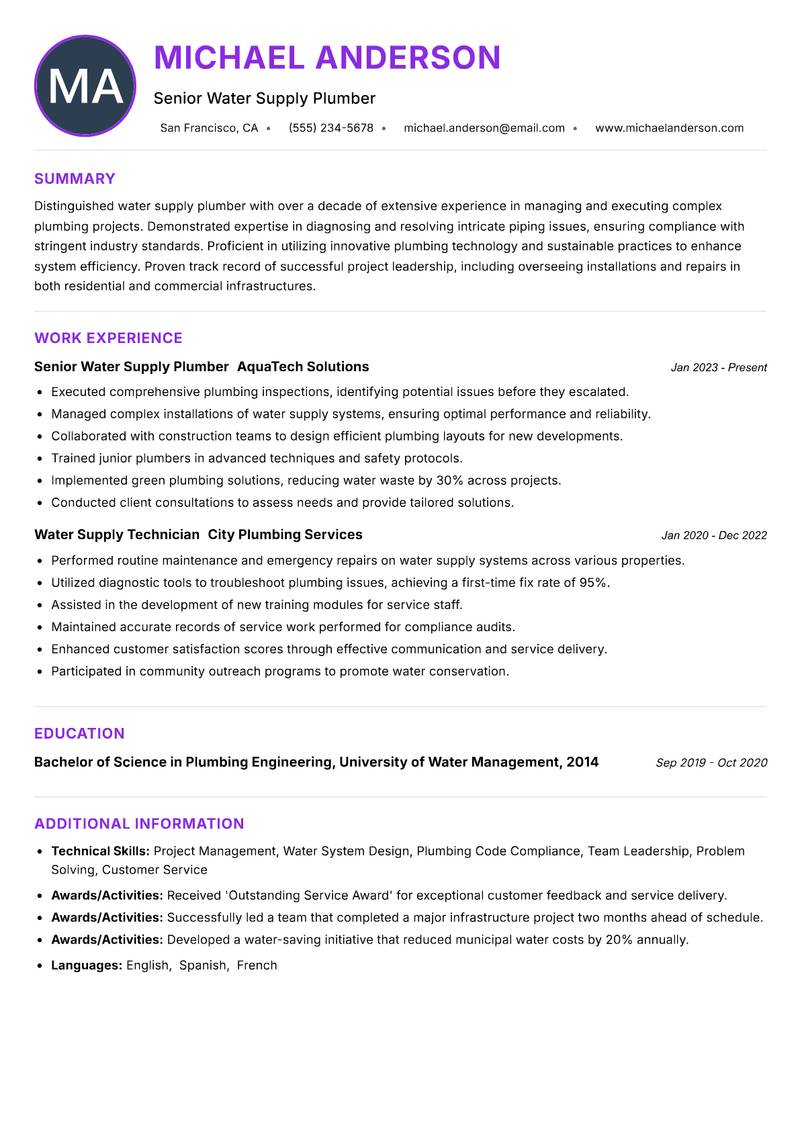 Water Supply Plumber resume example — ATS-friendly template