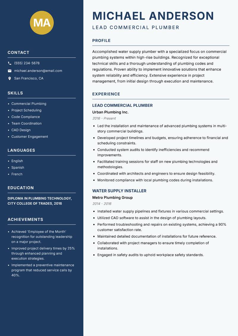 Water Supply Plumber resume template — Classic Clean