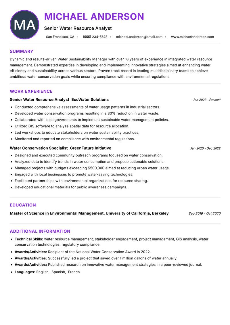 Water Sustainability Manager resume example — ATS-friendly template