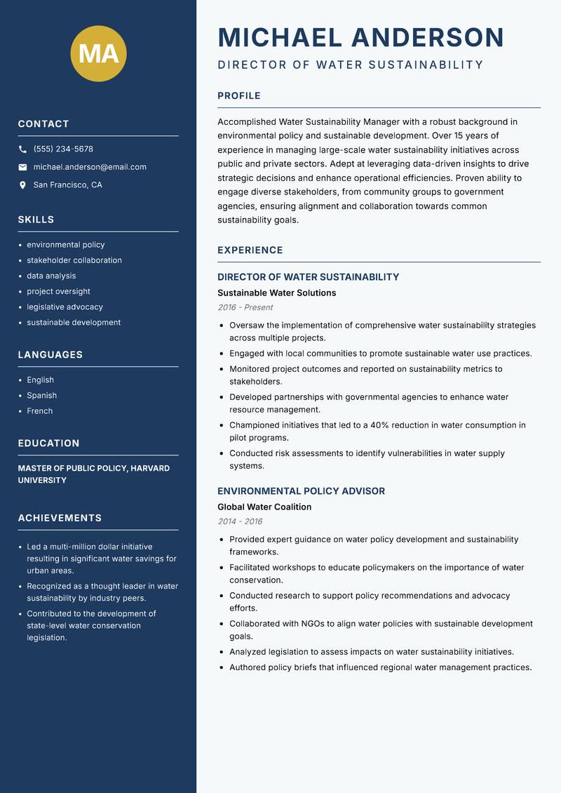 Water Sustainability Manager resume template — Classic Clean