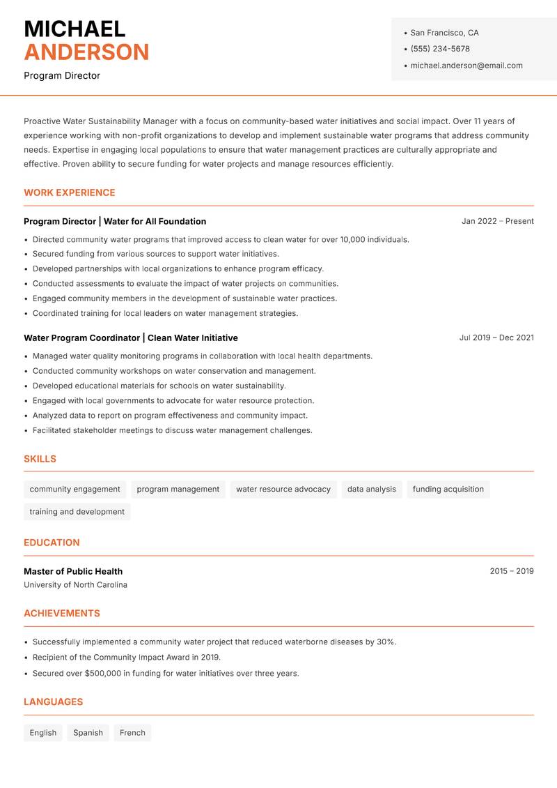 Water Sustainability Manager resume template — Modern Professional