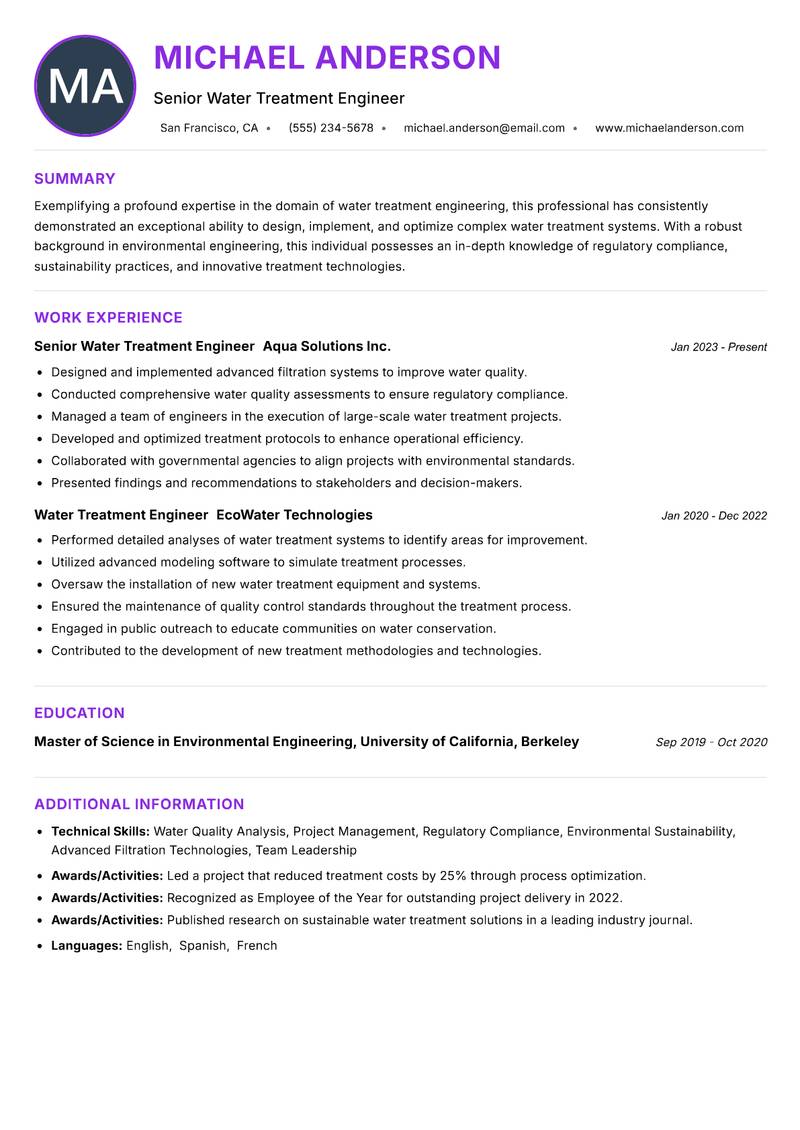 Water Treatment Engineer resume example — ATS-friendly template