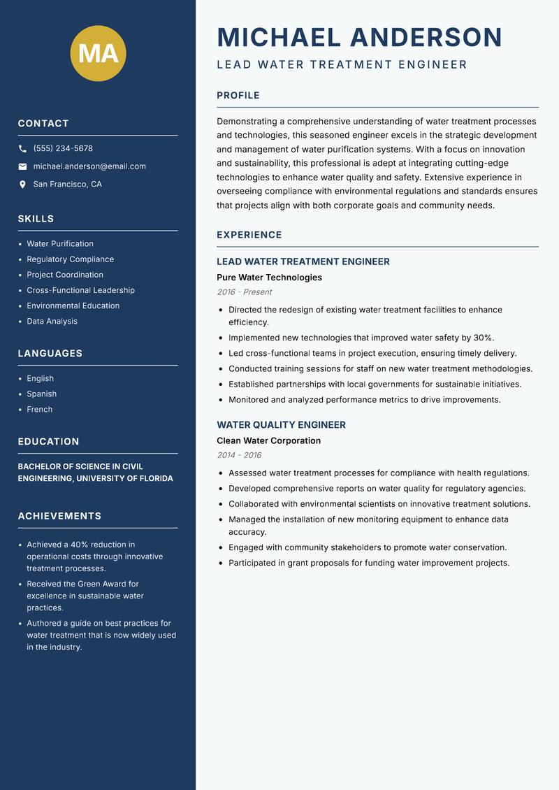 Water Treatment Engineer resume template — Classic Clean