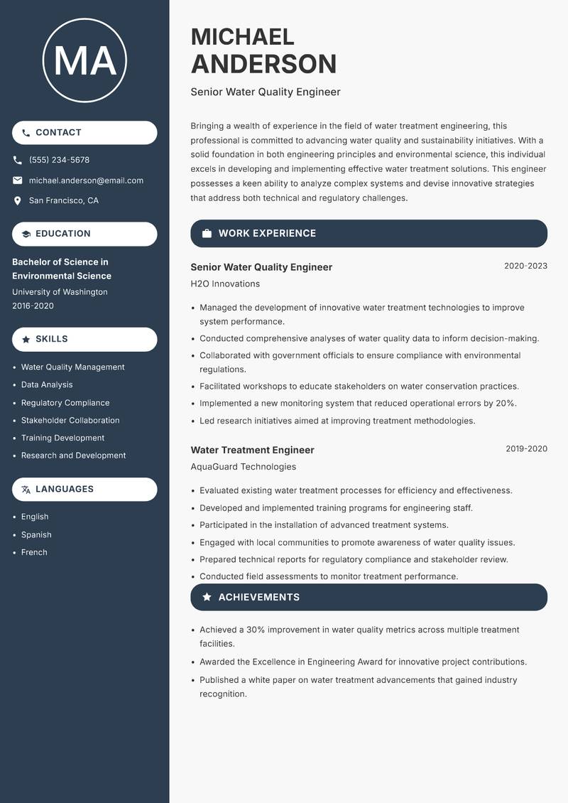 Water Treatment Engineer resume template — Compact