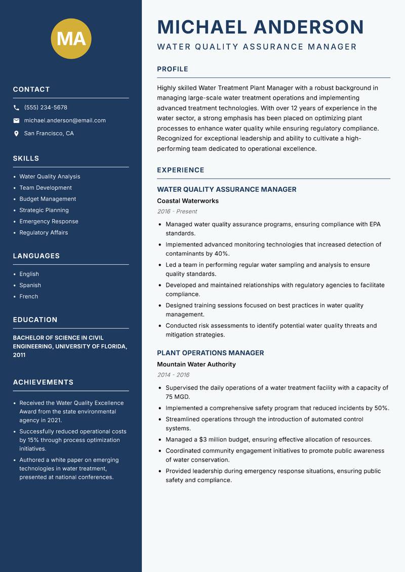 Water Treatment Plant Manager resume template — Classic Clean