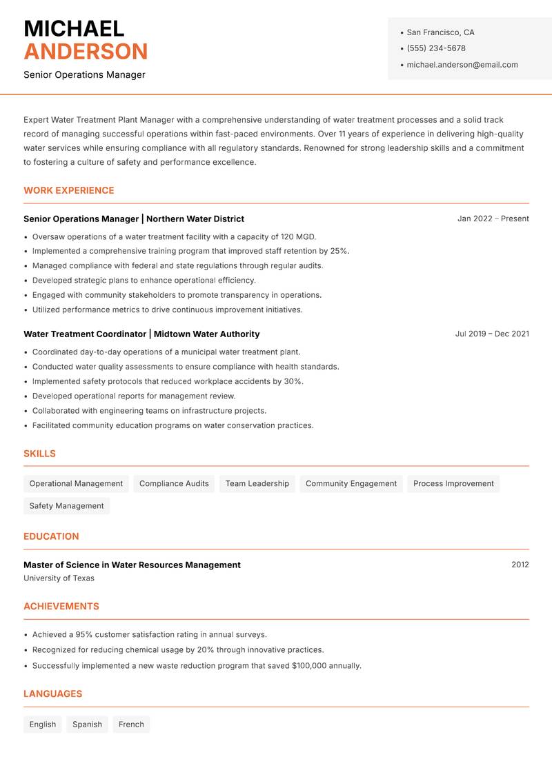 Water Treatment Plant Manager resume template — Modern Professional